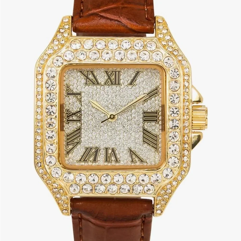 Bust Down Iced Out Hip Hop Watch Brown Silicone Strap VVS Diamond Gold Bling